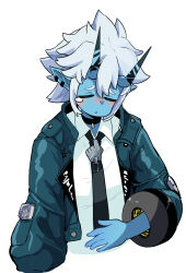 1girl amekurage999 black_necktie blue_horns blue_oni blue_skin blush closed_eyes collared_shirt colored_skin flat_chest green_jacket hair_between_horns hand_on_own_stomach highres horns jacket necktie oni open_clothes open_jacket shirt short_hair soukaku_(zenless_zone_zero) upper_body white_background white_hair white_shirt zenless_zone_zero