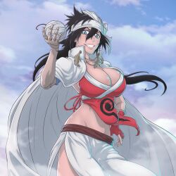 Rule 34 | 1girl, absurdres, black hair, bleach, blue eyes, breasts, cape, cleavage, highres, large breasts, long hair, midriff, shiba kuukaku, smile, solo, teeth