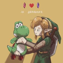 1boy belt blonde_hair gus_uur hat heart holding holding_stuffed_toy holding_toy link mario_(series) nintendo pointy_ears rupee_(zelda) shield shield_on_back solo stuffed_toy sword sword_on_back the_legend_of_zelda the_legend_of_zelda:_link&#039;s_awakening toy tunic upper_body weapon weapon_on_back yellow_background yoshi