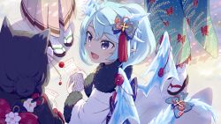 4girls ahoge animal_ears aqua_hair black_hair cat_ears cat_girl dragon_horns dragon_tail dragon_wings floral_print flower fujiyama_(yellow) hair_ornament horns japanese_clothes karyl_(new_year)_(princess_connect!) karyl_(princess_connect!) kimono multiple_girls omikuji open_mouth princess_connect! sheffy_(new_year)_(princess_connect!) sheffy_(princess_connect!) single_tooth tail white_kimono wings