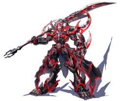 1boy armor armored_dress black_armor boots character_request christopher_harden claws dark_knight dress full_armor full_body garo:vanishing_line garo_(series) gauntlets glaive_(polearm) gloves helmet holding holding_weapon knight lance looking_at_viewer male_focus metal neon_lights polearm red_eyes shoulder_armor skull solo spear standing weapon zhen_long