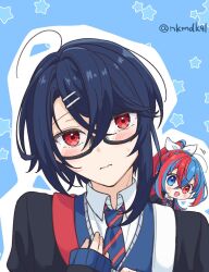 1boy 1girl alcryst_(fire_emblem) asymmetrical_hair blue_eyes blue_hair braid closed_mouth crossed_bangs crown_braid diagonal-striped_clothes diagonal-striped_necktie female_alear_(fire_emblem) fire_emblem fire_emblem_engage glasses hair_between_eyes hair_ornament hairclip heterochromia highres looking_at_viewer male_focus multicolored_hair necktie nintendo nkmdk41 red_eyes red_hair smile solo split-color_hair striped_clothes two-tone_hair