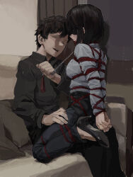 1boy 1girl arms_behind_back ball_gag bdsm black_blindfold black_shirt blindfold bondage bound bound_arms bound_legs breasts brown_eyes brown_hair collared_shirt couch denim gag gagged high_heels highres jeans looking_at_another medium_breasts niu_yeye no_eyes on_couch open_mouth original pants restrained shibari shibari_over_clothes shirt sitting sitting_on_person teeth upper_teeth_only white_shirt