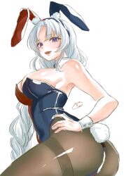 0002koko 1girl :d absurdres adapted_costume animal_ears ass black_pantyhose blush braid braided_ponytail breasts commentary_request cowboy_shot curvy detached_collar fake_animal_ears fake_tail from_side grey_hair highres large_breasts leotard long_hair looking_at_viewer mature_female multicolored_leotard open_mouth panties pantyhose parted_bangs playboy_bunny purple_eyes rabbit_ears rabbit_tail revision signature simple_background sketch smile solo strapless strapless_leotard tail teeth thighband_pantyhose touhou underwear upper_teeth_only very_long_hair white_background white_wrist_cuffs wrist_cuffs yagokoro_eirin yellow_panties