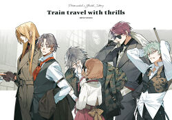 1girl 5boys arms_behind_head artist_name ascot back_bow black_gloves black_jacket black_pants black_shirt black_vest blonde_hair bob_cut border bow brown_coat brown_hair camus_(yumekuro) clenched_teeth closed_eyes closed_mouth coat collared_shirt colored_tips cowboy_shot cropped_jacket cropped_vest crossed_bangs cue_stick curtained_hair earrings emma_(yumekuro) english_text eyepatch floral_print formal_clothes from_side gloves gradient_hair green_eyes green_hair green_jacket grey_hair grey_jacket grey_pants grey_suit hair_between_eyes hand_in_pocket handkerchief highres holding holding_coat holding_handkerchief holding_ticket holding_unworn_clothes honey_dogs jacket jacket_over_shoulder jewelry leaning_forward len_(yumekuro) letterboxed light_blush long_hair long_sleeves looking_at_another looking_back medium_hair multicolored_hair multiple_boys necktie off_shoulder open_clothes open_collar open_jacket orange_hair out_of_frame outside_border pants parted_bangs parted_lips pinstripe_pattern pinstripe_suit popped_collar profile purple_hair red_ascot red_necktie red_skirt seven_(yumekuro) sharp_teeth shirt short_hair sideways_glance skirt sleeve_garter smile standing stud_earrings suit sunglasses sweatdrop swept_bangs teeth ticket train_station trench_coat untucked_shirt unworn_coat unworn_jacket v-shaped_eyebrows vest victor_(yumekuro) white_border white_coat white_gloves white_jacket white_necktie white_shirt white_vest wiping_nose yellow_bow yellow_eyes ymir_(yumekuro) yume_shokuin_to_wasureji_no_kuroi_yousei