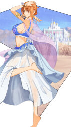 1girl absurdres arabian_clothes armlet bare_arms bare_shoulders barefoot bracelet breasts closed_mouth commentary_request crop_top dancer earrings folded_hair harem_outfit highres jewelry kashumashux51 large_breasts log_pose long_skirt looking_at_viewer nami_(one_piece) nami_(one_piece)_(alabasta) one_piece orange_eyes orange_hair palace short_hair shoulder_tattoo sideboob skirt smile solo standing standing_on_one_leg tattoo veil white_skirt