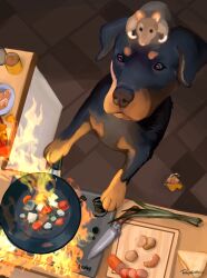 absurdres animal animal_focus bread broken_egg can cooking dog doggo_revolution fire food from_above frying_pan highres indoors knife looking_at_food mouse_(animal) no_humans original sausage signature sitting sitting_on_head sitting_on_person stove vegetable