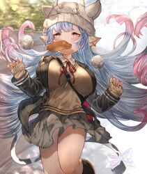 Rule 34 | 1girl, alternate costume, animal ear piercing, animal ears, ayacho, beanie, between breasts, blue hair, bow, bread, bread slice, breasts, catura (granblue fantasy), colored tips, cow ears, cow tail, food, food in mouth, granblue fantasy, hat, horns, large breasts, long hair, mouth hold, multicolored hair, skirt, sleeves past wrists, solo, strap between breasts, tail, tail bow, tail ornament, thick eyebrows, thighs, toast, toast in mouth, very long hair, yellow eyes