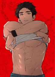 1boy abs arms_up bare_pectorals black_hair blue_pants clothes_lift commentary cowboy_shot crossed_arms denim english_commentary grey_eyes groin highres jeans looking_at_viewer male_focus nintendo pants parted_lips pectorals pokemon pokemon_sm red_(pokemon) red_background shirt shirt_lift short_sleeves sinm_i solo t-shirt teeth toned toned_male veins veiny_arms wristband