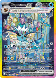 :3 animal_focus artist_name bubble card_(medium) character_name company_name copyright_name copyright_notice eevee english_text gem gen_1_pokemon nara_lalana nintendo no_humans official_art open_mouth pokemon pokemon_(creature) pokemon_card pokemon_focus pokemon_tcg ripples smile solo sparkle terastallization third-party_source trading_card vaporeon water