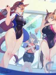 3girls animal_ears blue_eyes brown_hair character_request commentary_request competition_swimsuit cross-body_stretch crying highres hishi_miracle_(umamusume) horse_ears horse_girl horse_tail indoors inflatable_armbands jacket jacket_on_shoulders long_hair maruzensky_(umamusume) multiple_girls one-piece_swimsuit reihou19 stopwatch super_creek_(umamusume) swimsuit tail umamusume watch whistle whistle_around_neck