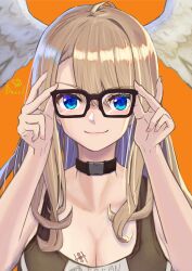 1girl artist_name blue_eyes breast_tattoo breasts brown_hair cleavage closed_mouth commentary_request daxel0126 eunie_(xenoblade) glasses head_wings highres holding large_breasts long_hair looking_at_viewer orange_background simple_background smile solo straight-on tattoo upper_body wings xenoblade_chronicles_(series) xenoblade_chronicles_3