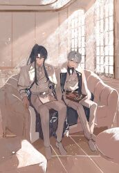 22kolink 2boys arthur_grandwell black_hair blue_hair book buttons collared_shirt couch full_body hair_between_eyes highres holding holding_book indoors jacket long_hair long_sleeves mahoutsukai_no_yakusoku male_focus multiple_boys necktie oz_(mahoutsukai_no_yakusoku) pants shirt short_hair sitting smile sunlight table white_hair window