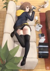 1girl absurdres alice_gunlock ass brown_hair clothes_lift fav_faris highres looking_back lying on_stomach original panties pantyshot school_uniform short_hair skirt skirt_lift thighhighs thighs underwear