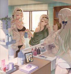 Rule 34 | 2girls, absurdres, ass, bathroom, black bra, black panties, blush, bottle, bra, breasts, brushing teeth, cleavage, colored tips, commentary, cup, english commentary, faucet, firefly (honkai: star rail), flower, green shirt, grey hair, hair flower, hair intakes, hair ornament, hairband, highres, holding, holding cup, honkai: star rail, honkai (series), large breasts, leaning forward, long hair, multicolored hair, multiple girls, nannachu7, navel, one eye closed, panties, plant, purple eyes, reflection, see-through clothes, see-through shirt, shirt, single bare shoulder, sink, soap bottle, standing, stelle (honkai: star rail), tile wall, tiles, toothbrush, toothpaste, trailblazer (honkai: star rail), underwear, white shirt, window, yellow eyes