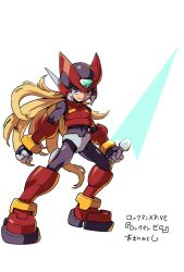 1boy armor black_eyes blonde_hair energy_sword forehead_jewel full_body helmet highres holding holding_sword holding_weapon long_hair male_focus mega_man_(series) mega_man_x_(series) mega_man_x_dive mega_man_zero_(series) ogino_hitoshi_(ogitchi) red_armor red_helmet simple_background solo sword weapon white_background z_saber zero(z)_(mega_man) zero_(mega_man)