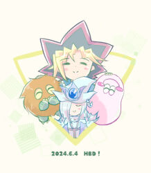 Rule 34 | 1boy, 1girl, blonde hair, brown fur, colored skin, dated, duel monster, grey hair, happy birthday, hat, kuriboh, long hair, marshmallon, miura333 re, multicolored hair, muto yugi, pink skin, silent magician, silent magician lv4, smile, white hat, wizard hat, yu-gi-oh!