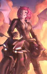 Rule 34 | 1girl, absurdres, bat wings, biker clothes, bikesuit, black gloves, blunt bangs, bodysuit, breasts, character request, cleavage, copyright request, gloves, helmet, highres, holding, holding helmet, horns, leaning against motorcycle, looking at viewer, motor vehicle, motorcycle, motorcycle helmet, no bra, numanoan, one eye closed, outdoors, pink hair, pointy ears, short hair, smile, standing, standing on one leg, sunset, unzipped, wings