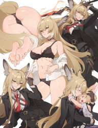 2girls animal_ear_fluff animal_ears arknights ass barefoot black_bra black_jacket black_panties black_suit blonde_hair blush bra braid braided_hair_rings breasts cleavage closed_mouth dnaitari facial_scar feet formal_clothes fox_ears fox_girl fox_tail green_eyes hair_rings highres holding hug jacket kitsune lace lace-trimmed_bra lace-trimmed_panties lace_trim legs lingerie long_hair looking_at_viewer mole mole_on_breast mother_and_daughter multicolored_hair multiple_girls navel necktie no_shoes open_mouth panties red_necktie scar scar_on_cheek scar_on_face smile soles suit suzuran_(arknights) tail tattoo_choker toes underwear vulpisfoglia_(arknights) white_hair yellow_tail