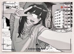 Rule 34 | 1girl, battery indicator, black hair, city, grey eyes, highres, jastaway, long hair, looking at viewer, monochrome, original, outdoors, recording, ruins, selfie, short sleeves, solo, v, v over eye, viewfinder