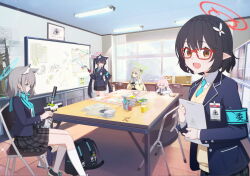 Rule 34 | 5girls, animal ear fluff, animal ears, armband, ayane (blue archive), black gloves, black hair, black shoes, black skirt, blonde hair, blue archive, blue armband, blue eyes, blue jacket, blue necktie, blue scarf, braid, brown eyes, cat ears, cat girl, closed eyes, closed mouth, crown braid, extra ears, fingerless gloves, foreclosure task force (blue archive), gloves, green eyes, green gloves, grey hair, gun, hair between eyes, hair bun, handgun, highres, holding, holding gun, holding tablet pc, holding weapon, hoshino (blue archive), jacket, kneehighs, long hair, multiple girls, necktie, non-web source, nonomi (blue archive), official art, open mouth, plaid clothes, plaid skirt, pointy ears, red-framed eyewear, red eyes, red gloves, scarf, serika (blue archive), shiroko (blue archive), shirt, shoes, short hair, sidelocks, single glove, single side bun, sitting, skirt, socks, sweater, tablet pc, twintails, weapon, white shirt, white socks, wolf ears, wolf girl, yellow jacket, yellow sweater
