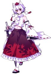 1girl animal_ear_fluff animal_ears bare_shoulders black_skirt closed_mouth frilled_skirt frills full_body hat highres holding holding_sword holding_weapon inubashiri_momiji kinamielise large_variant_set midriff navel pom_pom_(clothes) red_eyes ribbon-trimmed_sleeves ribbon_trim sandals shirt short_hair simple_background skirt socks solo standing stomach sword tachi-e tail tokin_hat touhou variant_set weapon white_background white_shirt white_sleeves white_socks wolf_ears wolf_girl wolf_tail