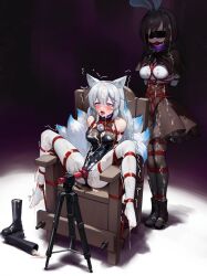2girls ahegao amadeus_frost animal_ear_fluff animal_ears arms_behind_back ball_gag bare_shoulders bdsm black_choker black_leotard black_pantyhose blindfold blue_eyes blue_hair bondage boots bound breast_bondage breasts brown_hair bukkake chair choker covered_navel crotch_rope crying crying_with_eyes_open cum cum_on_body cum_on_breasts cum_on_clothes cum_on_hair cum_on_legs cum_on_upper_body fox_ears fox_tail frilled_skirt frills gag gagged heattech_leotard high-waist_skirt holding holding_syringe improvised_gag leotard long_hair looking_at_another medium_hair multicolored_hair multiple_girls on_chair original pantyhose rabbit_ears red_eyes restrained separated_legs sex_toy shibari shirt skin_tight skirt small_breasts streaked_hair syringe tail tape tape_gag tears teeth tongue tongue_out turtleneck ungagged unworn_boots upper_teeth_only very_long_hair vibrator white_hair white_pantyhose white_shirt wiffle_gag