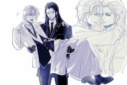 2boys arms_around_neck bandaged_head bandaged_neck bandages bindi black_gloves black_jacket black_necktie black_pants black_shoes black_suit closed_eyes coat collared_shirt final_fantasy final_fantasy_vii formal_clothes gloves grose highres jacket long_hair male_focus multiple_boys necktie one_eye_covered open_mouth pants parted_bangs pointing pointing_at_viewer rufus_shinra shirt shoes short_hair sigh smile suit suit_jacket sweatdrop tseng twitter_username white_background white_coat white_shirt yaoi
