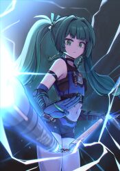 1girl absurdres bare_shoulders black_choker blue_gloves boyal braided_twintails choker crop_top elbow_gloves flat_chest gloves green_eyes green_hair green_ribbon highres looking_at_viewer navel nunchaku qingyi_(zenless_zone_zero) ribbon robot_girl solo standing twintails weapon zenless_zone_zero
