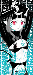 1girl alternate_costume areola_slip arms_up blush buren covered_erect_nipples cowboy_shot demon_girl demon_horns demon_tail ear_blush fang flat_chest garter_belt gloves highres horns limited_palette long_hair looking_at_viewer maebari multicolored_hair nanashi_inc. navel open_mouth pointy_ears red_eyes shishio_chris shrug_(clothing) solo tail two-tone_hair virtual_youtuber