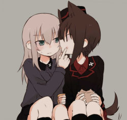 Rule 34 | 10s, 2girls, animal ears, black hat, black jacket, black legwear, black skirt, blue eyes, blush, brown eyes, brown hair, closed mouth, dog ears, dog tail, dress shirt, food, fud, garrison cap, girls und panzer, grey background, grey shirt, hat, highres, holding, holding food, itsumi erika, jacket, kemonomimi mode, kuromorimine military uniform, kuromorimine school uniform, licking, licking another&#039;s face, long hair, long sleeves, looking at another, military hat, miniskirt, multiple girls, nishizumi maho, pleated skirt, red shirt, red skirt, school uniform, shirt, short hair, silver hair, simple background, sitting, skirt, socks, sweatdrop, tail