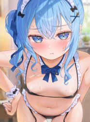 1girl :t bikini black_bikini blue_eyes blue_hair blue_nails blue_ribbon blush ebihurai flat_chest frills furrowed_brow hair_ornament hairclip highres hololive hoshimachi_suisei leaning_forward maid maid_bikini maid_headdress navel neck_ribbon pout ribbon side_ponytail solo star_(symbol) star_in_eye stomach swimsuit symbol_in_eye unconventional_maid virtual_youtuber wet