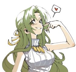 1girl curtained_hair green_eyes green_hair hair_ribbon hand_up heart highres higurashi_no_naku_koro_ni ihwa0283 long_hair ribbon simple_background sleeveless sleeveless_turtleneck smile solo sonozaki_shion spoken_heart turtleneck upper_body v white_background