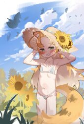 1girl absurdres animal_ears bikini blonde_hair blush cloud commentary erifan0 fang flat_chest flower green_eyes grin hat highres ju_fufu loli long_hair navel outdoors sky smile solo stomach straw_hat striped_bikini striped_clothes sunflower sweat swimsuit symbol-only_commentary tail tiger_ears tiger_girl tiger_tail zenless_zone_zero