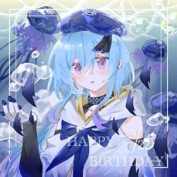Rule 34 | 1boy, :o, again nuo, air bubble, arknights, beret, black gloves, blue hair, blue hat, bubble, cloak, dated, gloves, hair between eyes, happy birthday, hat, highres, inset border, jellyfish, long hair, looking at viewer, male focus, mizuki (arknights), purple eyes, underwater, upper body, white cloak