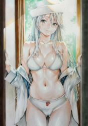 1girl absurdres breasts cameltoe collarbone commission flint_(girls_und_panzer) girls_und_panzer green_eyes hat highres jacket katsu_(24791909) large_breasts long_hair marker_(medium) navel open_clothes open_jacket solo swimsuit tongue tongue_out traditional_media white_hair