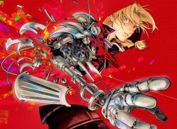 1boy belt black_pants black_shirt blonde_hair braid brown_belt commentary cowboy_shot curtained_hair debris edward_elric english_commentary fullmetal_alchemist looking_at_viewer male_focus mechabare orange_eyes pants parted_lips popped_collar prosthesis prosthetic_arm red_background shirt single_braid solo sseunana teeth white_trim