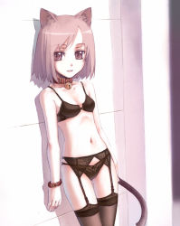 animal_ears bell brown_hair cat_ears cat_tail collar garter_belt neck_bell nyaou original panties pink_eyes short_hair solo tail thighhighs underwear