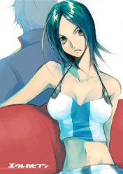 00s 1boy 1girl aqua_hair back-to-back bare_arms bare_shoulders breasts brown_eyes camisole cleavage crop_top eureka_seven eureka_seven_(series) frown grey_hair holland_novak medium_breasts midriff short_hair sitting sleeveless talho_yuuki