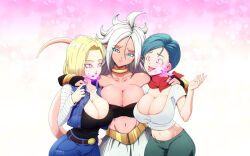 Rule 34 | 3girls, android 18, android 21, blonde hair, blue eyes, blue hair, breasts, bulma, cleavage, collarbone, dragon ball, dragon ball fighterz, dragonball z, hypnosis, large breasts, ledy, looking at viewer, majin android 21, mind control, multiple girls, navel, tongue, tongue out, yuri