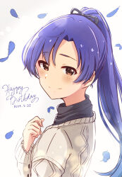 1girl absurdres blue_feathers blue_hair blush brown_eyes cardigan closed_mouth dated english_text falling_feathers feathers from_side hand_up happy_birthday highres idolmaster idolmaster_(classic) idolmaster_million_live! idolmaster_million_live!_theater_days kisaragi_chihaya kisaragi_chihaya_(private_dress) long_hair long_sleeves looking_at_viewer looking_to_the_side natsuki_p official_alternate_costume official_alternate_hairstyle ponytail private_dress_(idolmaster_million_live!) simple_background smile solo turning_head upper_body white_background