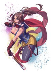 Rule 34 | 1girl, black pants, blue hood, breasts, brown hair, cleavage, cosplay, cropped legs, fatal fury, fatal fury: city of the wolves, grey eyes, hand fan, highres, hokutomaru, hokutomaru (cosplay), kuji-in, large breasts, mouth hold, pants, ponytail, red scarf, scarf, shiranui mai, skirt, solo, superbull, yellow skirt