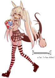 1girl bag bird blush_stickers chicken chicken_(food) colonel_sanders dragon_girl dragon_tail eating english_text engrish_text female_focus food horns kfc legs monster_girl nefarian onyxia personification plaid_clothes plaid_skirt ranguage ribbon skirt solo striped_clothes striped_thighhighs tail thighhighs twintails warcraft world_of_warcraft zettai_ryouiki