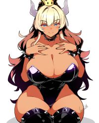 1girl artist_name bare_shoulders batta_16-sei black_choker black_leotard black_thighhighs blonde_hair blue_eyes bowsette bracelet breasts choker cleavage collarbone crown curvy dark-skinned_female dark_skin hand_on_own_chest highleg highleg_leotard highres horns huge_breasts jewelry leotard long_hair looking_at_viewer mario_(series) new_super_mario_bros._u_deluxe nintendo simple_background smile spiked_bracelet spiked_choker spiked_thighhighs spikes thick_thighs thighhighs thighs white_background wide_hips