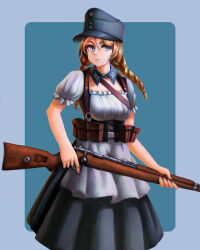 1girl absurdres bandolier belt blonde_hair blue_background blue_eyes bolt_action braid gun highres holding holding_gun holding_weapon long_hair mauser_98 original rifle short_sleeves solo twin_braids weapon world_war_ii youotaku