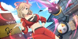 1girl blowing_kiss blue_sky box breasts brown_hair cardboard_box chainsaw cleavage cloud container crop_top green_eyes hair_ribbon haruka_(senran_kagura) heart large_breasts long_sleeves official_art one_eye_closed pants ribbon robot senran_kagura senran_kagura_new_link sky solo torn_clothes wink