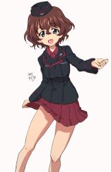Rule 34 | 1girl, absurdres, akaboshi koume, blue eyes, blush, breasts, brown hair, erakin, girls und panzer, hat, highres, kuromorimine military uniform, looking at viewer, military uniform, miniskirt, open mouth, red skirt, short hair, simple background, skirt, small breasts, smile, solo, white background