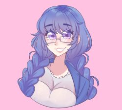 blue_hair blue_jacket breasts cleavage commentary_request dress glasses jacket linyuusu long_hair original purple_eyes see-through_cleavage see-through_clothes silvya_maris spanish_commentary white_dress