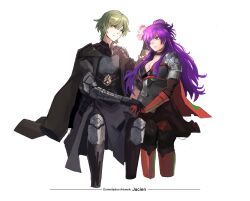 1boy 1girl armor black_cape black_choker black_gloves boots breasts cape choker cleavage closed_mouth commentary commission commissioner_name elbow_gloves english_commentary english_text female_shez_(fire_emblem) fire_emblem fire_emblem:_three_houses fire_emblem_warriors:_three_hopes gloves green_eyes green_hair hair_bun hair_over_one_eye hetero highres knee_boots long_hair looking_to_the_side male_byleth_(enlightened)_(fire_emblem) male_byleth_(fire_emblem) medium_breasts nintendo orange_boots orange_cape orange_gloves purple_eyes purple_hair rod_langhi short_hair shoulder_armor simple_background single_hair_bun smile white_background