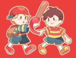 2boys backpack bad_tag bag baseball_bat black_hair child cosplay crossdressing hat lucas_(mother_3) male_focus mother_(series) mother_2 mother_3 multiple_boys ness_(mother_2) nintendo rope_snake shirt shoes shorts smile socks source_request striped_clothes striped_shirt super_smash_bros.